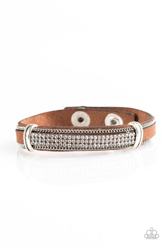 A Walk In The SPARK - Paparazzi - Brown Suede White Rhinestone Snap Bracelet