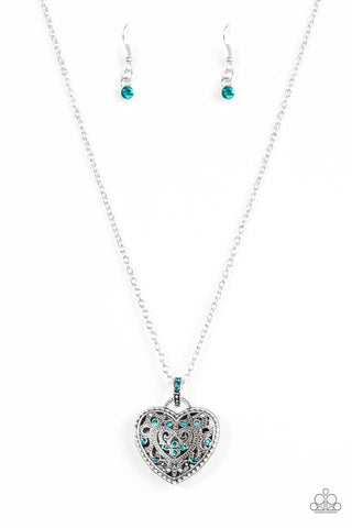 Charmingly Casanova - Paparazzi - Blue Rhinestone Vintage Heart Pendant Necklace