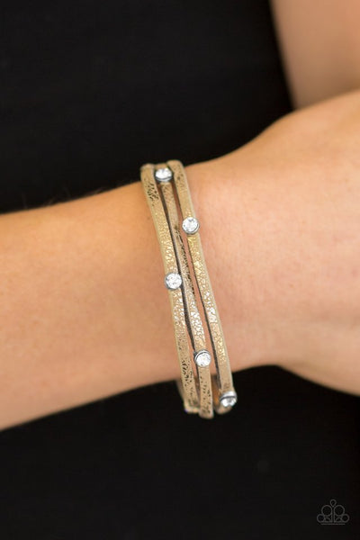Drop A SHINE - Paparazzi - Brown Metallic Shimmer Rhinestone Leather Snap Bracelet