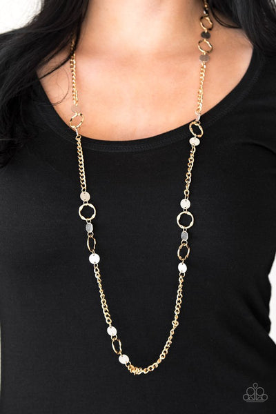 Stylishly Steampunk - Paparazzi - Gold Thick Chain Silver Hammered Disc Necklace