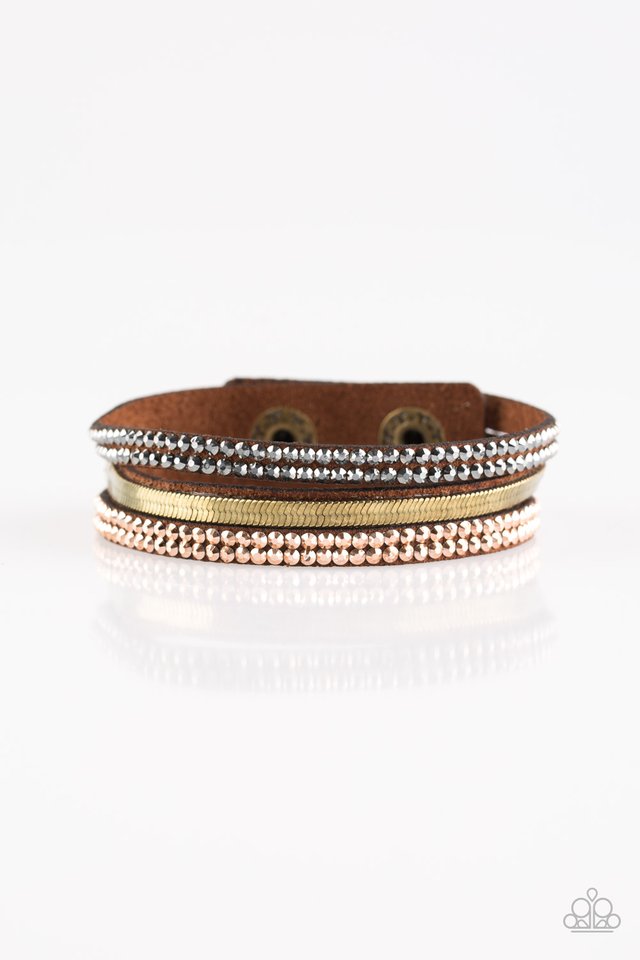 I Mean Business - Paparazzi - Multi Brass Brown and Hematite Rhinestone Suede Snap Bracelet