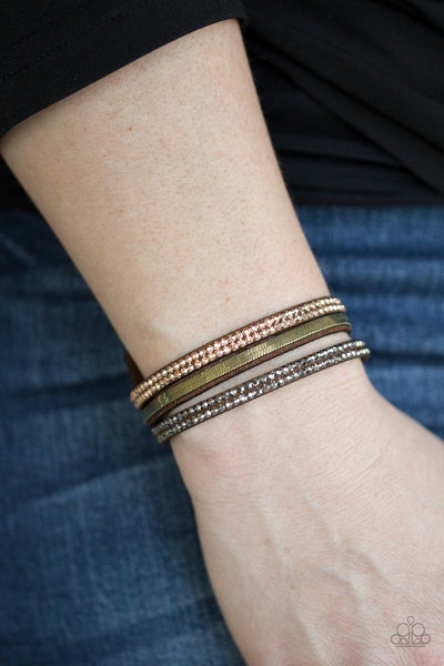 I Mean Business - Paparazzi - Multi Brass Brown and Hematite Rhinestone Suede Snap Bracelet