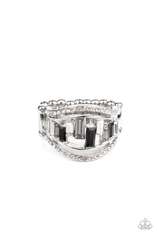 Treasure Chest Charm - Paparazzi - Black Gray and White Emerald Cut Rhinestone Silver Ring