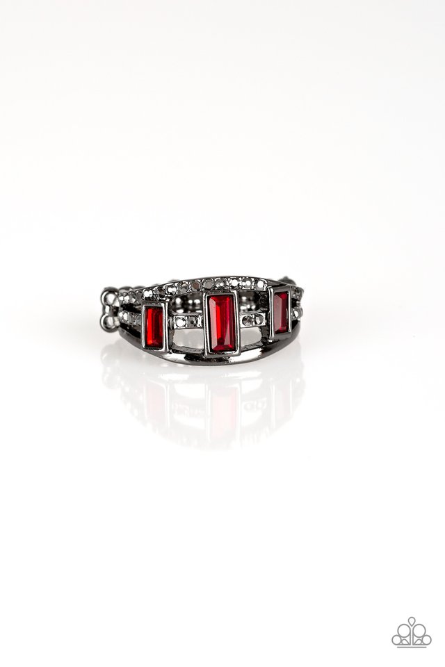 Noble Nova - Paparazzi - Red Emerald Cut Rhinestone Gunmetal Ring
