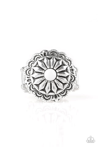 Daringly Daisy - Paparazzi - White Bead Silver Flower Ring