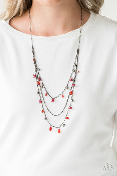 Pebble Beach Beauty - Paparazzi - Red Pebble and Crystal Bead Gunmetal Layered Necklace