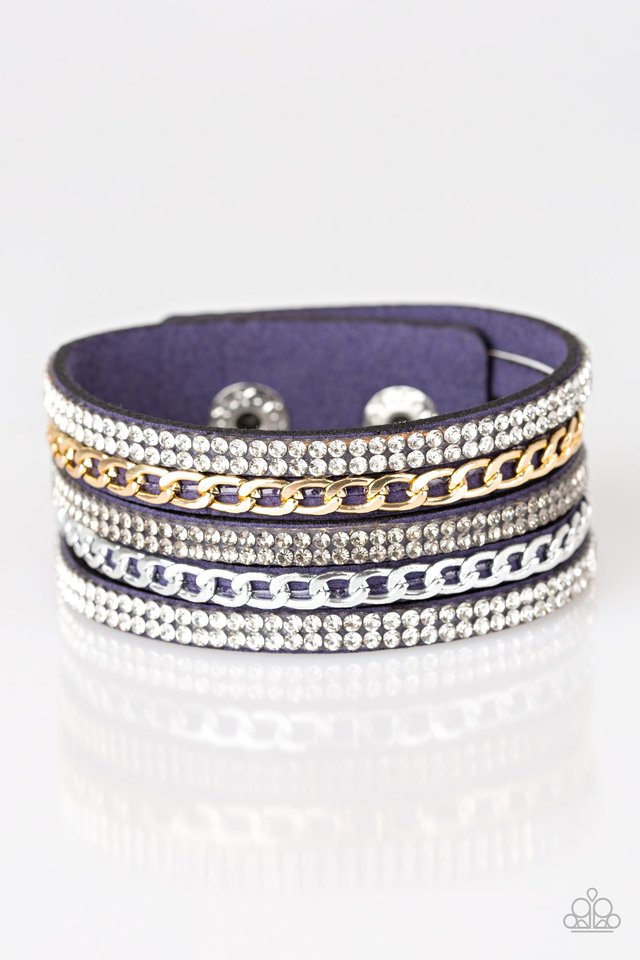 Fashion Fiend - Paparazzi - Blue Suede Rhinestone Gold Chain Snap Bracelet