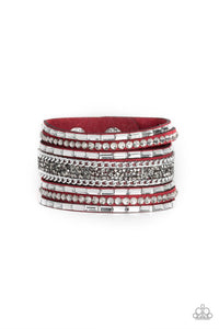 Rhinestone Rumble - Paparazzi - Red Suede Rhinestone Snap Bracelet