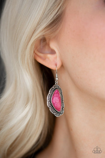 Santa Fe Soul - Paparazzi - Pink Stone Silver Scalloped Earrings