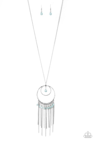 Out Of Bounds Shimmer - Paparazzi - Blue Pastel Pearl Silver Hoop Fringe Necklace