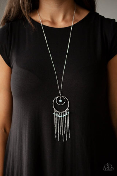 Out Of Bounds Shimmer - Paparazzi - Blue Pastel Pearl Silver Hoop Fringe Necklace