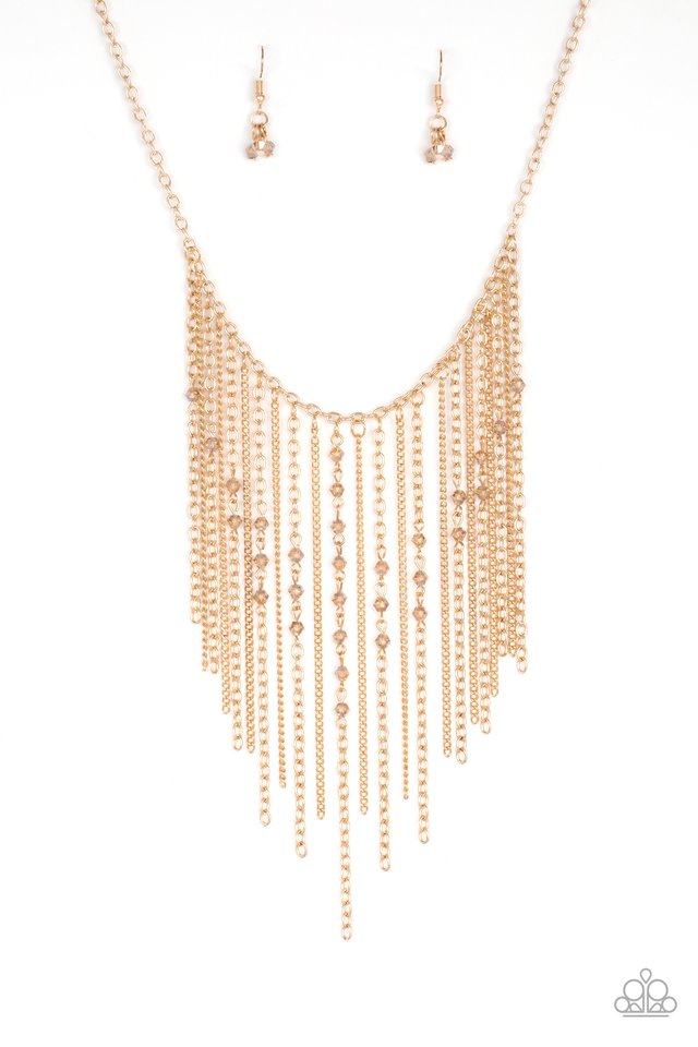 First Class Fringe - Paparazzi - Gold Crystal Bead Chain Fringe Necklace