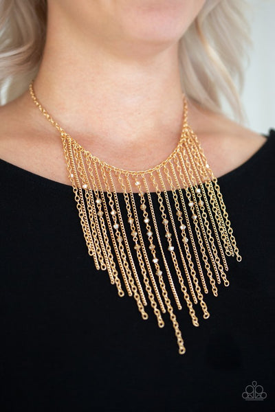 First Class Fringe - Paparazzi - Gold Crystal Bead Chain Fringe Necklace