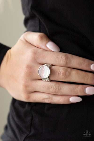 Stone Seeker - Paparazzi - Pink Glassy Stone Silver Circle Crescent Ring