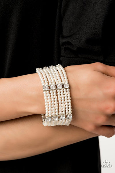 Get In Line - Paparazzi - White Pearl and Rhinestone Stretchy Bracelet
