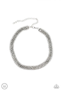 Empo-HER-ment - Paparazzi - White Rhinestone Silver Chain Choker Necklace