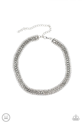 Empo-HER-ment - Paparazzi - White Rhinestone Silver Chain Choker Necklace