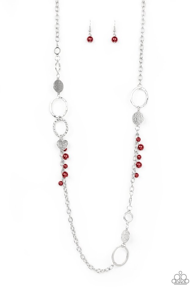 Unapologetic Flirt - Paparazzi - Red Pearl Silver Heart Charm Necklace