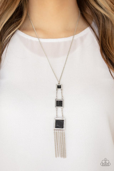 This Land Is Your Land - Paparazzi - Black Stone Square Silver Chain Tassel Necklace