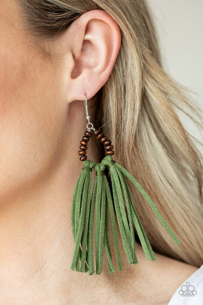 Easy To PerSUEDE - Paparazzi - Green Suede Tassel Wood Bead Earrings