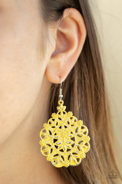 Floral Affair - Paparazzi - Yellow Filigree Floral Earrings