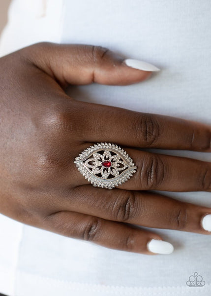 Glammed Up Gardens - Paparazzi - Red and White Rhinestone Floral Ring