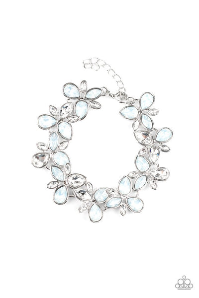 Ice Garden - Paparazzi - White Dewy Iridescent Rhinestone Floral Clasp Bracelet