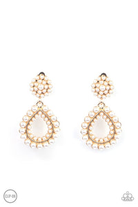Discerning Droplets - Paparazzi - Gold Teardrop White Pearl Clip On Earrings