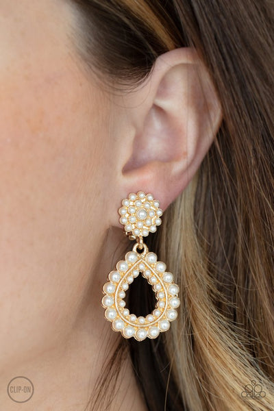 Discerning Droplets - Paparazzi - Gold Teardrop White Pearl Clip On Earrings