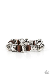 Exploring The Elements - Paparazzi - Brown Wood Silver Tribal Bead Stretchy Bracelet