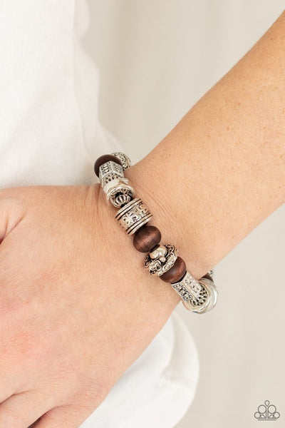 Exploring The Elements - Paparazzi - Brown Wood Silver Tribal Bead Stretchy Bracelet