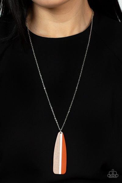 Grab a Paddle - Paparazzi - Orange and Wood Pendant Necklace