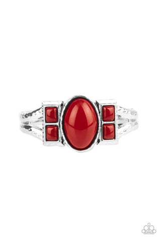 A Touch of Tiki - Paparazzi - Red Oval and Square Bead Silver Cuff Bracelet