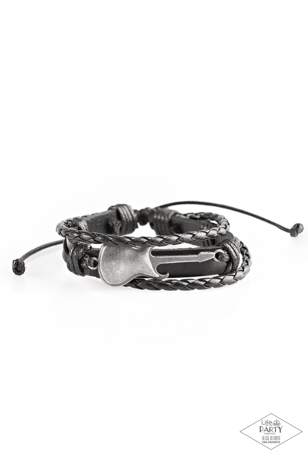 Lead Guitar - Paparazzi - Black Leather Guitar Urban Sliding Knot Bracelet