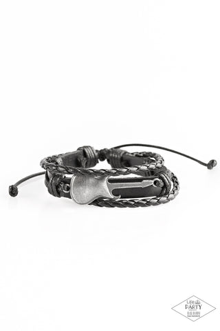 Lead Guitar - Paparazzi - Black Leather Guitar Urban Sliding Knot Bracelet