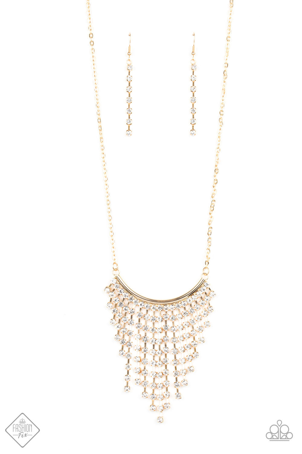 Glitter Bomb - Paparazzi - Gold Fringe White Rhinestone Necklace