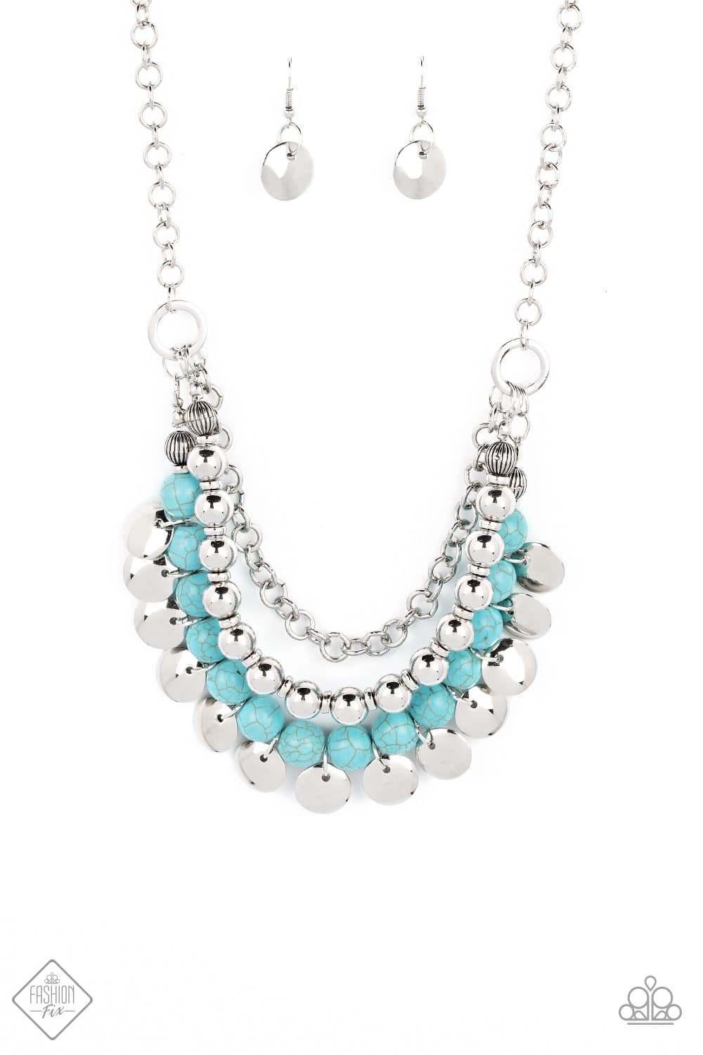 Leave Her Wild - Blue Turquoise Stone Silver Disc Layered Necklace - Paparazzi Fashion Fix September 2022