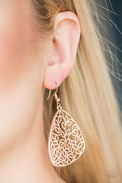 Time To LEAF - Paparazzi - Rose Gold Leaf Filigree Earrings