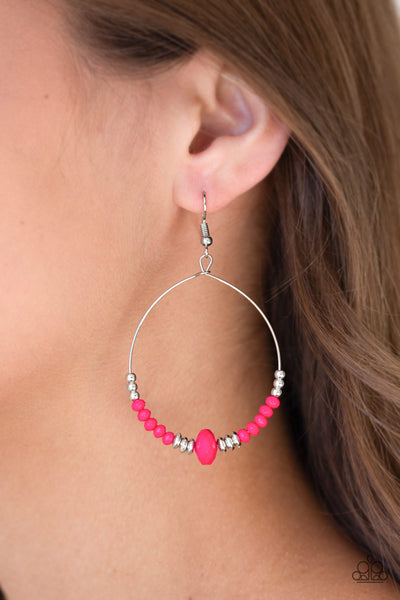 Retro Rural - Paparazzi - Pink Bead Silver Wire Hoop Earrings