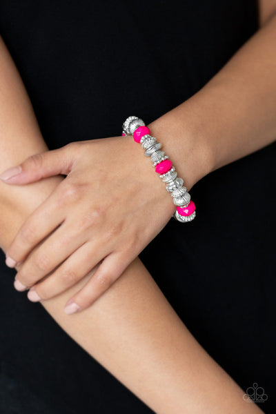 Live Life To The COLOR-fullest - Paparazzi - Pink Bead Ornate Silver Bead Stretch Bracelet
