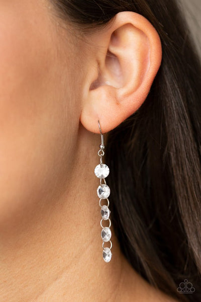 Trickle-Down Effect - Paparazzi - White Glassy Bead Silver Earrings