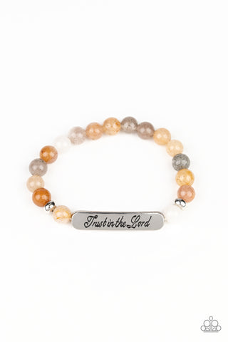 Keep the Trust – Paparazzi Brown Bead Silver Stamped Affirmation Bracelet