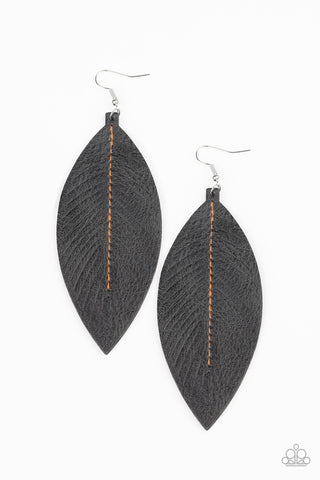 Naturally Beautiful - Paparazzi - Black Leather Leaf Pattern Earrings