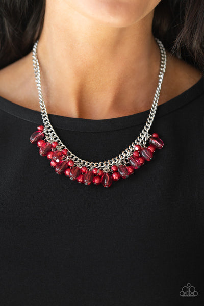 5th Avenue Flirtation - Paparazzi - Red Glassy and Pearly Bead Silver Necklace