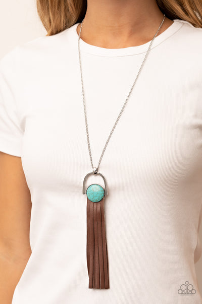 Winslow Wanderer - Paparazzi - Blue Turquoise Stone Brown Leather Tassel Necklace
