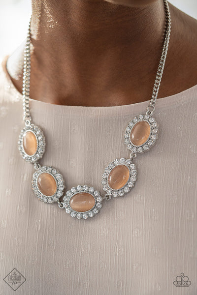 A DIVA-ttitude Adjustment - Paparazzi - Orange Peach Oval Moonstone White Rhinestone Necklace