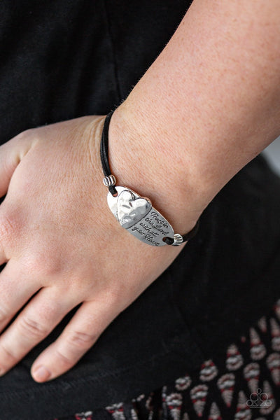 A Full Heart - Paparazzi - Black Suede Silver Heart Inspirational Clasp Bracelet