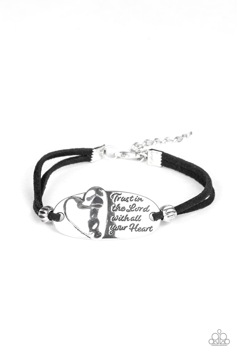 A Full Heart - Paparazzi - Black Suede Silver Heart Inspirational Clasp Bracelet