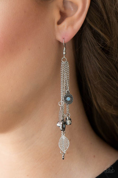 A Natural Charmer - Paparazzi - Blue Rhinestone Silver Leaf Chain Fringe Earrings