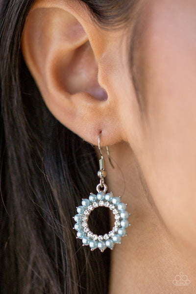 A Proper Lady - Paparazzi - Blue Pearl White Rhinestone Circular Earrings